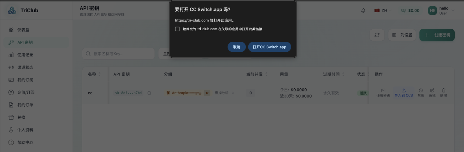 浏览器确认打开 CC Switch
